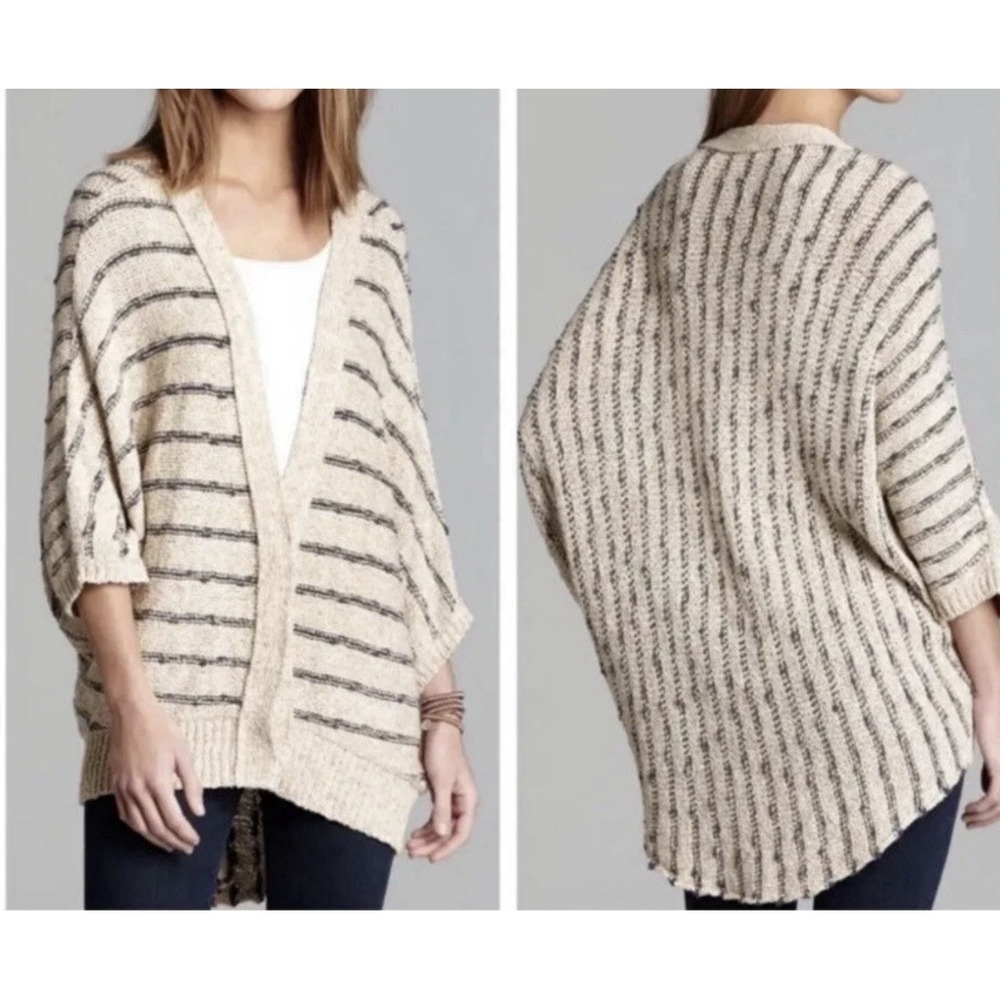 Free People Sweater Tan Blue Striped Snap Rabbit in The Moon Cardigan Oversized